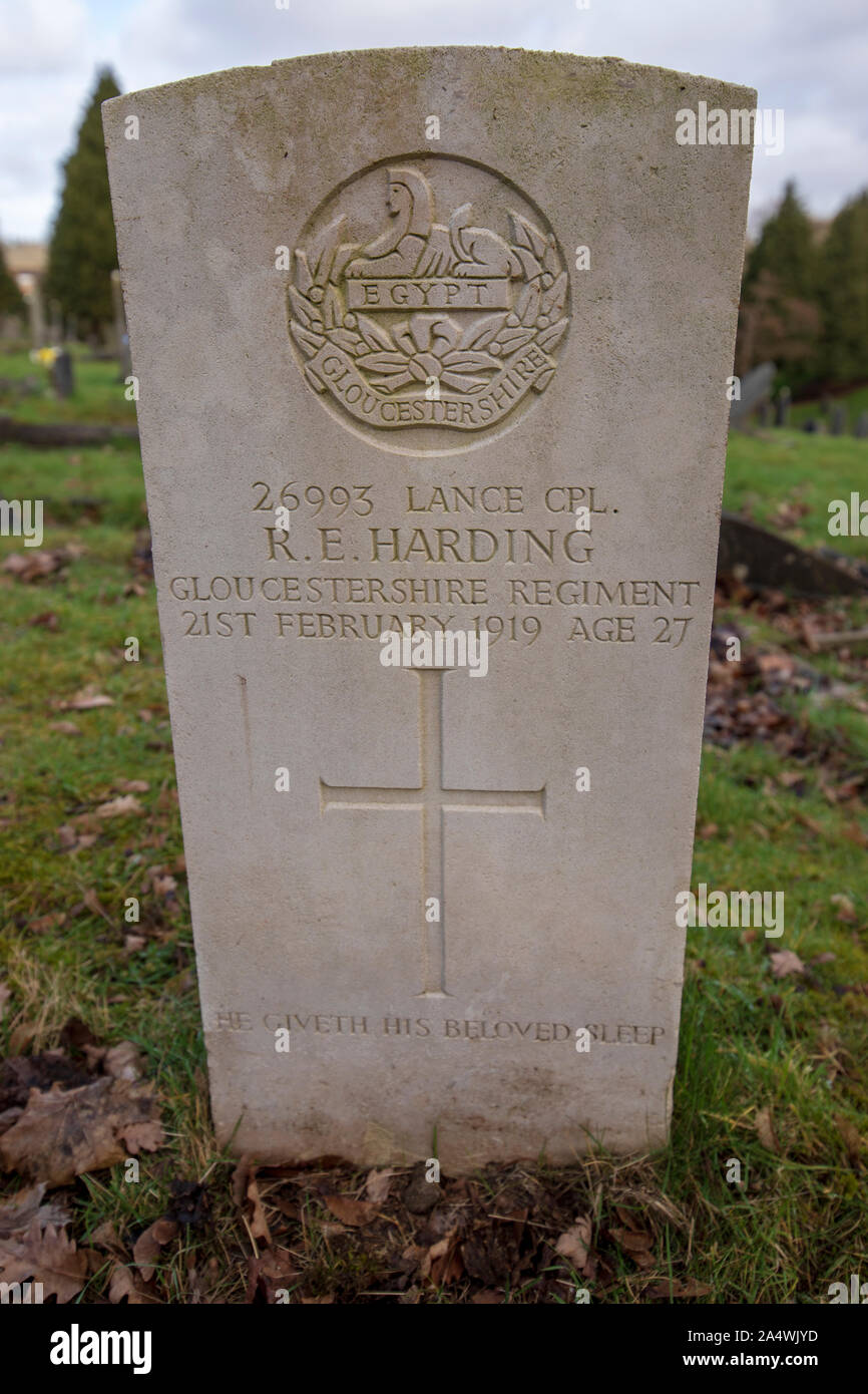 Commonwealth Kriegsgräber Kommission Grab von Robert Evans Harding der 3 Mrd. Gloucestershire Regiment, Greenbank Friedhof, Bristol Stockfoto