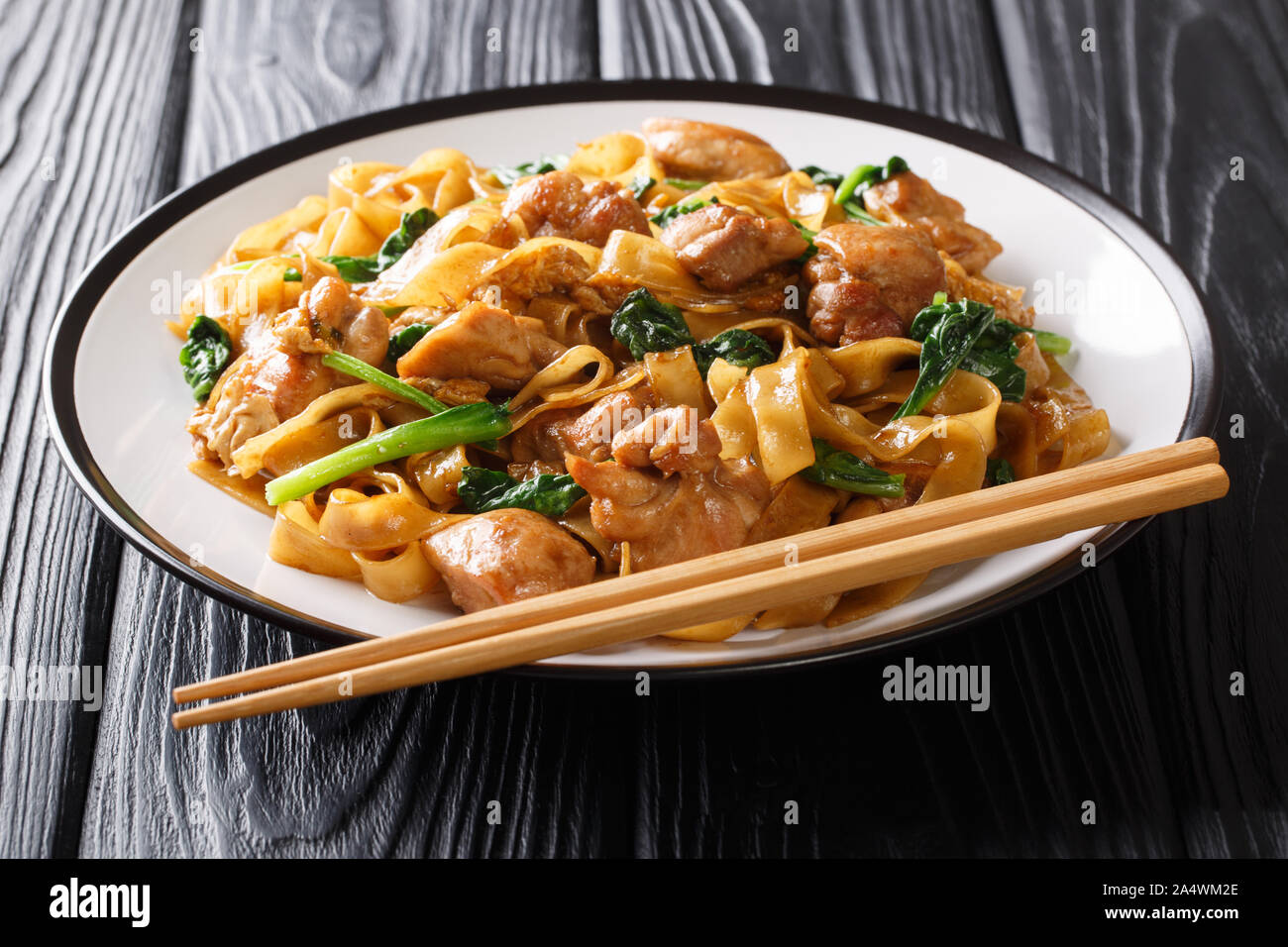 Spicy Hot Thai Nudeln mit Huhn, Chinesischer Brokkoli und Ei close-up auf einem Teller auf den Tisch. Horizontale Stockfoto
