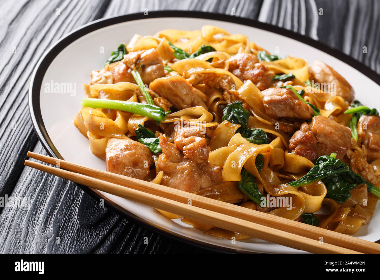 Siehe Ew Pad Thai Nudeln mit Huhn, chinesischer Brokkoli und Ei close-up auf einem Teller auf den Tisch. Horizontale Stockfoto