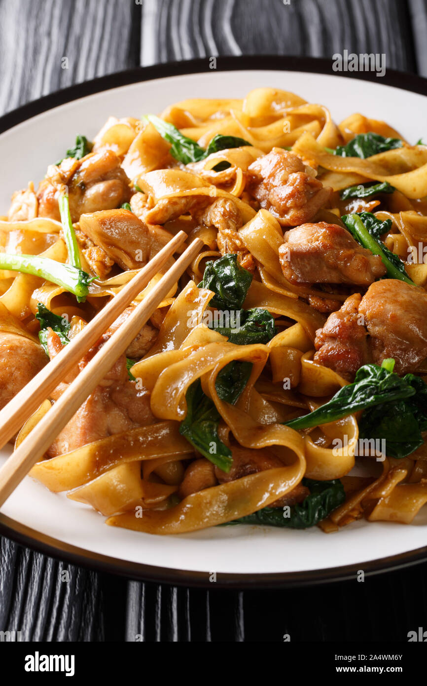 Thai Pad siehe Ew Nudeln mit Huhn, Chinesischer Brokkoli und Ei close-up auf einem Teller auf den Tisch. Vertikale Stockfoto