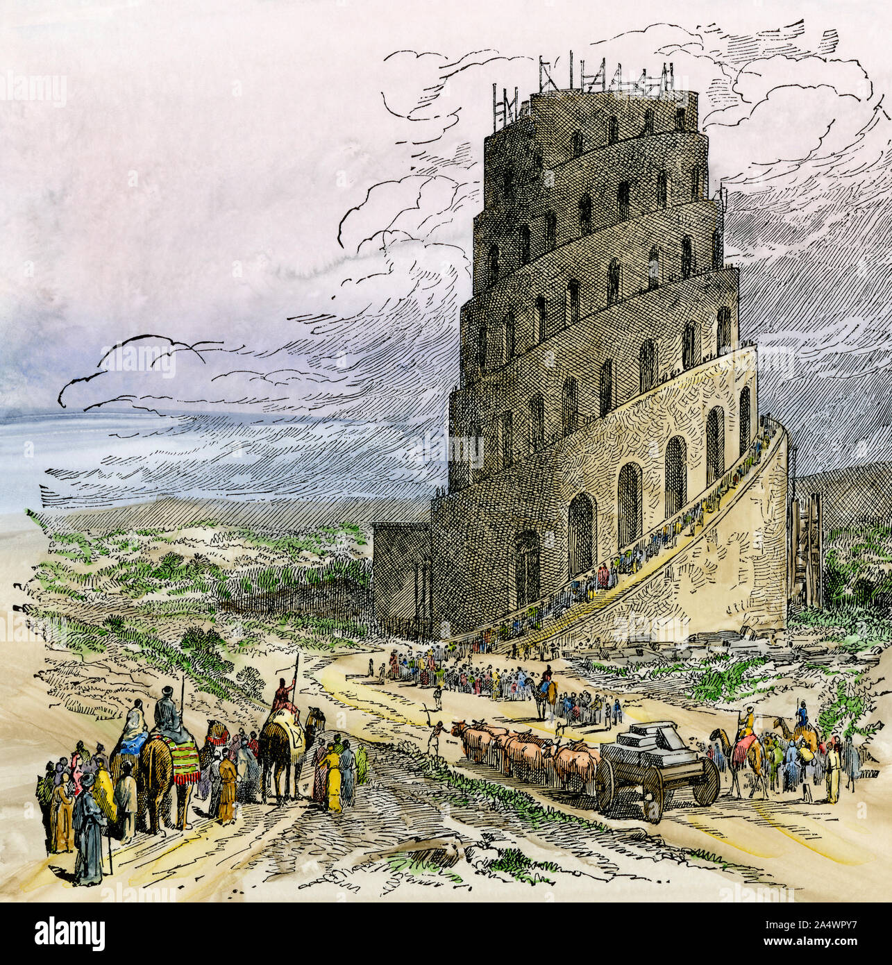Turm von Babel im Bau, das antike Babylon. Hand - farbige Holzschnitt Stockfoto