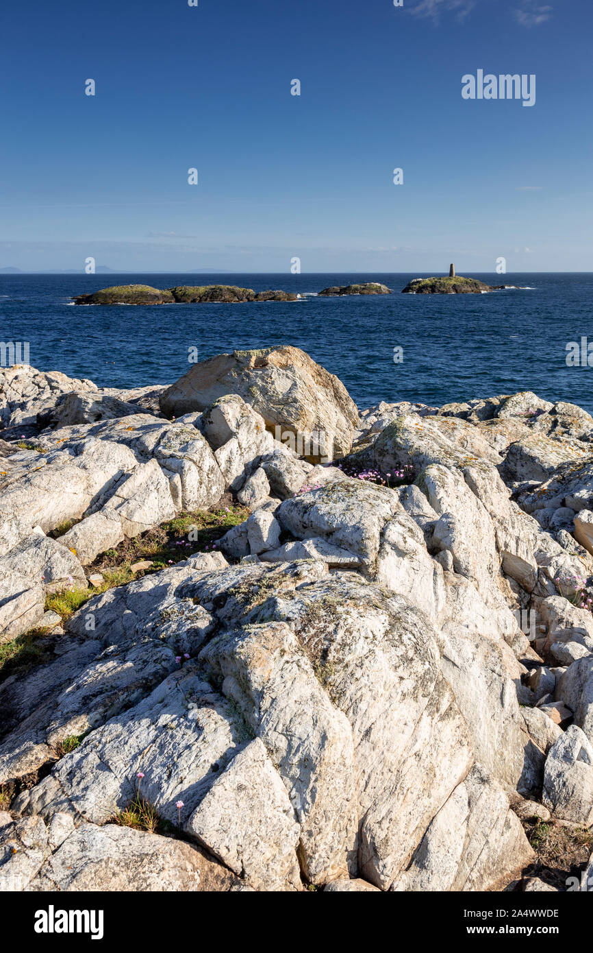 Felsige Küste und Insel an Rhoscolyn, anglesey, Nordwales, an einem sonnigen Tag Stockfoto