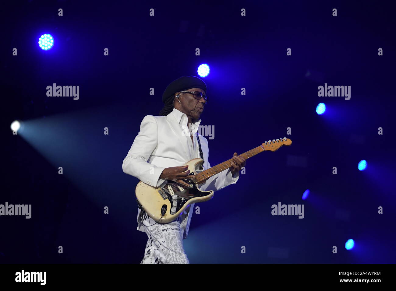 Rio de Janeiro, Brasilien, am 3. Oktober 2019. Gitarrist Nile Rodgers der Band Chic während seiner Show bei Rock in Rio 2019 in der Stadt Rio de Janeiro. Stockfoto