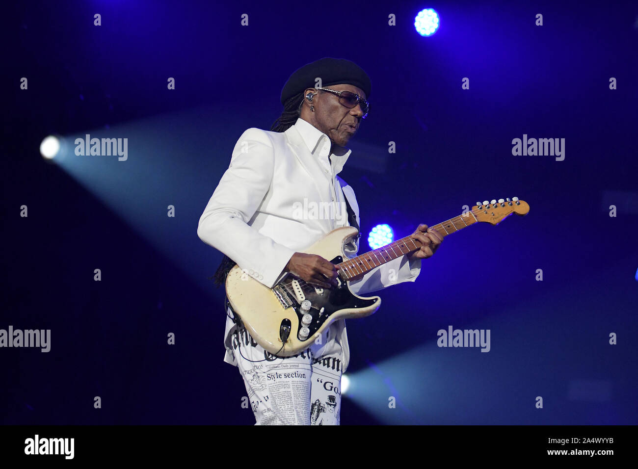 Rio de Janeiro, Brasilien, am 3. Oktober 2019. Gitarrist Nile Rodgers der Band Chic während seiner Show bei Rock in Rio 2019 in der Stadt Rio de Janeiro. Stockfoto