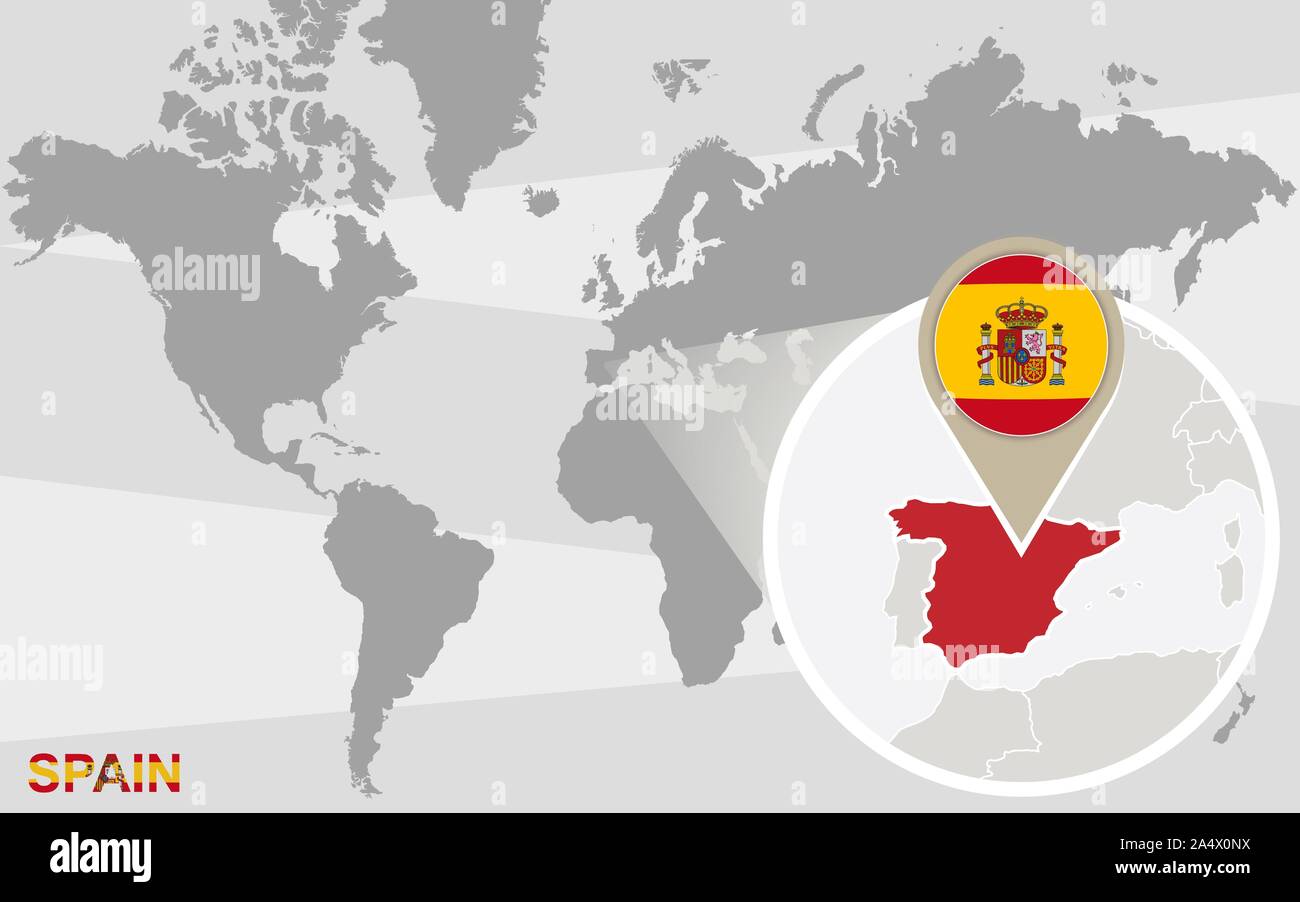 Weltkarte mit vergrößerten Spanien. Spanien Flagge und Karte. Stock Vektor