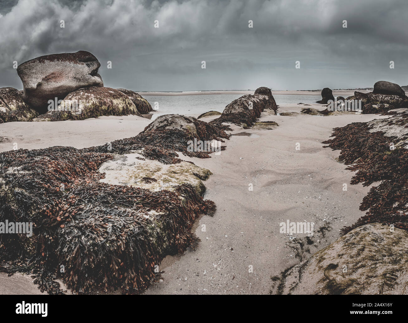Panoramablick von Felsen am Strand, wo Spiegelungen in Pfützen zu sehen sind, Moody skies mit Moody aussehen Stockfoto Panoramablick von Felsen am Strand, wo Spiegelungen in Pfützen zu sehen sind, Moody skies mit Moody aussehen Stockfoto