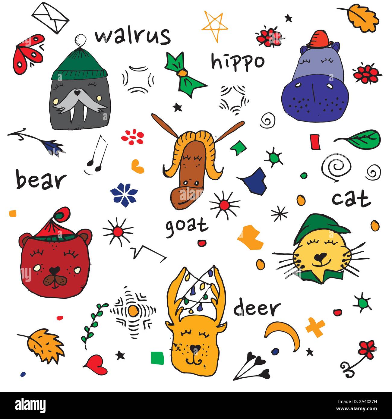 Bunte tierischen Freunde Sammlung einschließlich walross, Hippo, Ziege, Katze, Hirsch, Bär. Cute Hand gezeichnet Doodles. Gut für Poster, Aufkleber, Karten, Alphabet und Stock Vektor