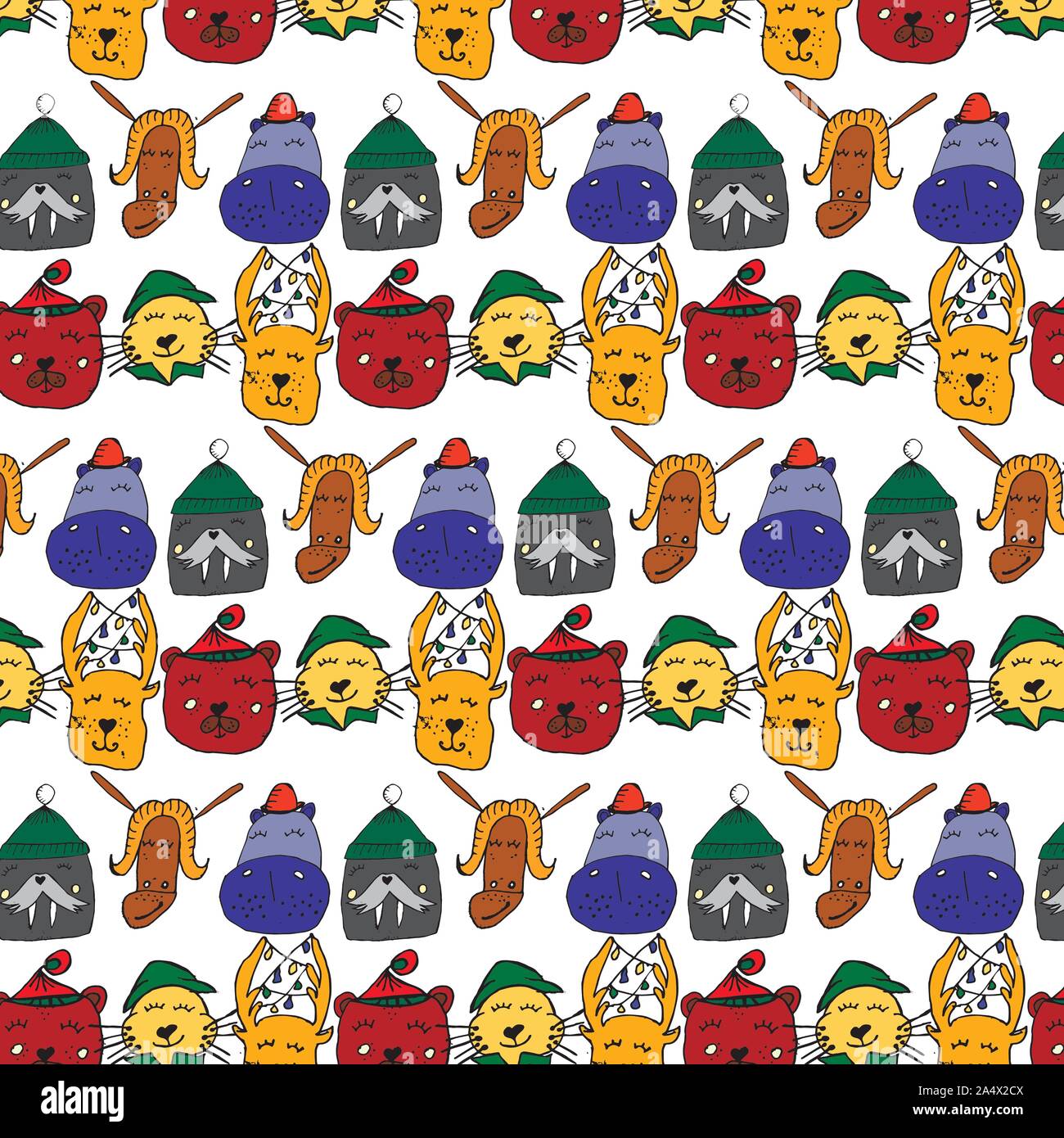 Bunte tierischen Freunde Sammlung einschließlich walross, Hippo, Ziege, Katze, Hirsch, Bär. Cute Hand gezeichnet Doodles. Gut für Poster, Aufkleber, Karten, Alphabet und Stock Vektor