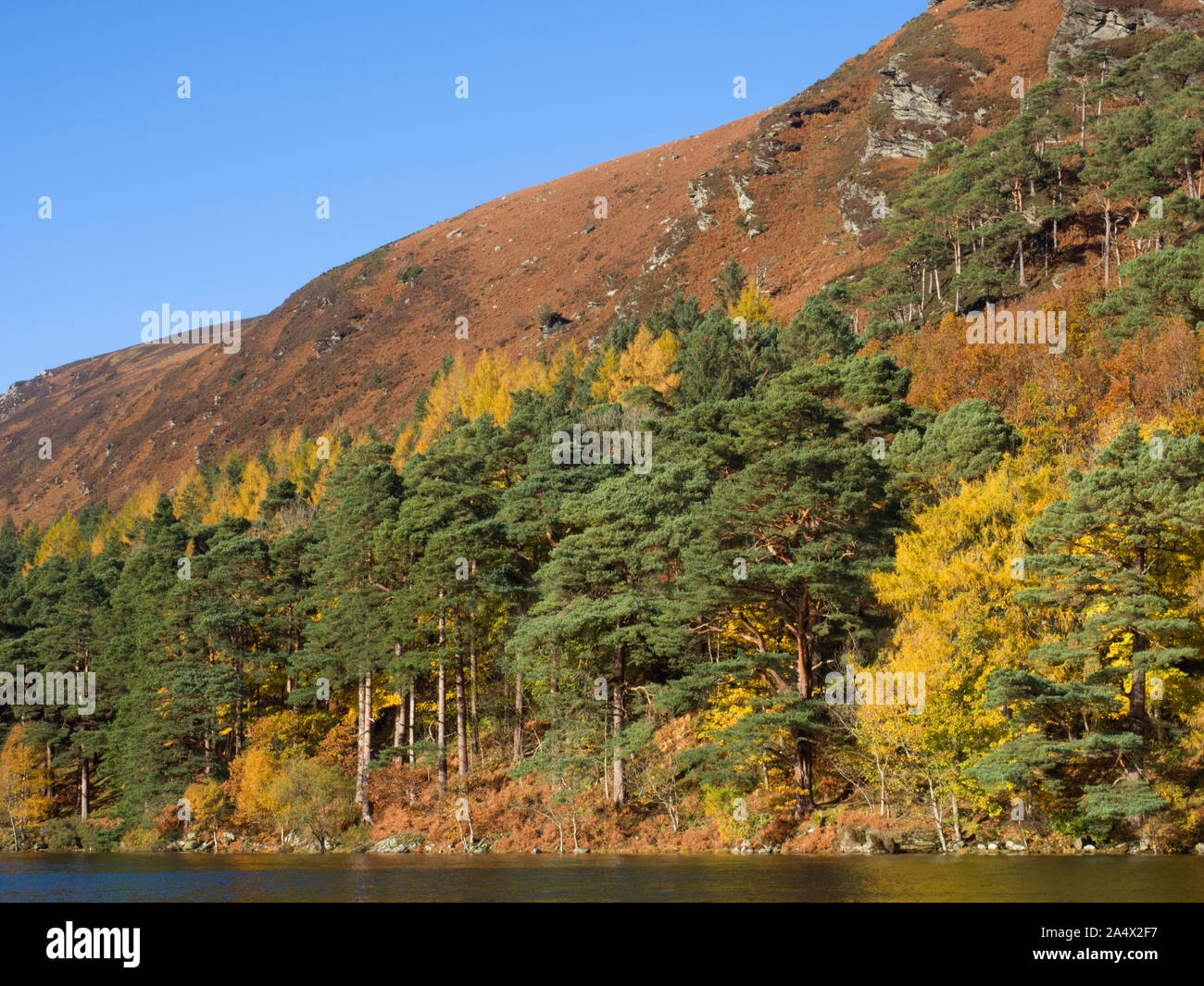 Oberer See und Hügel, Glendalough, Wicklow Mountains National Park, County Wicklow, Irland Stockfoto