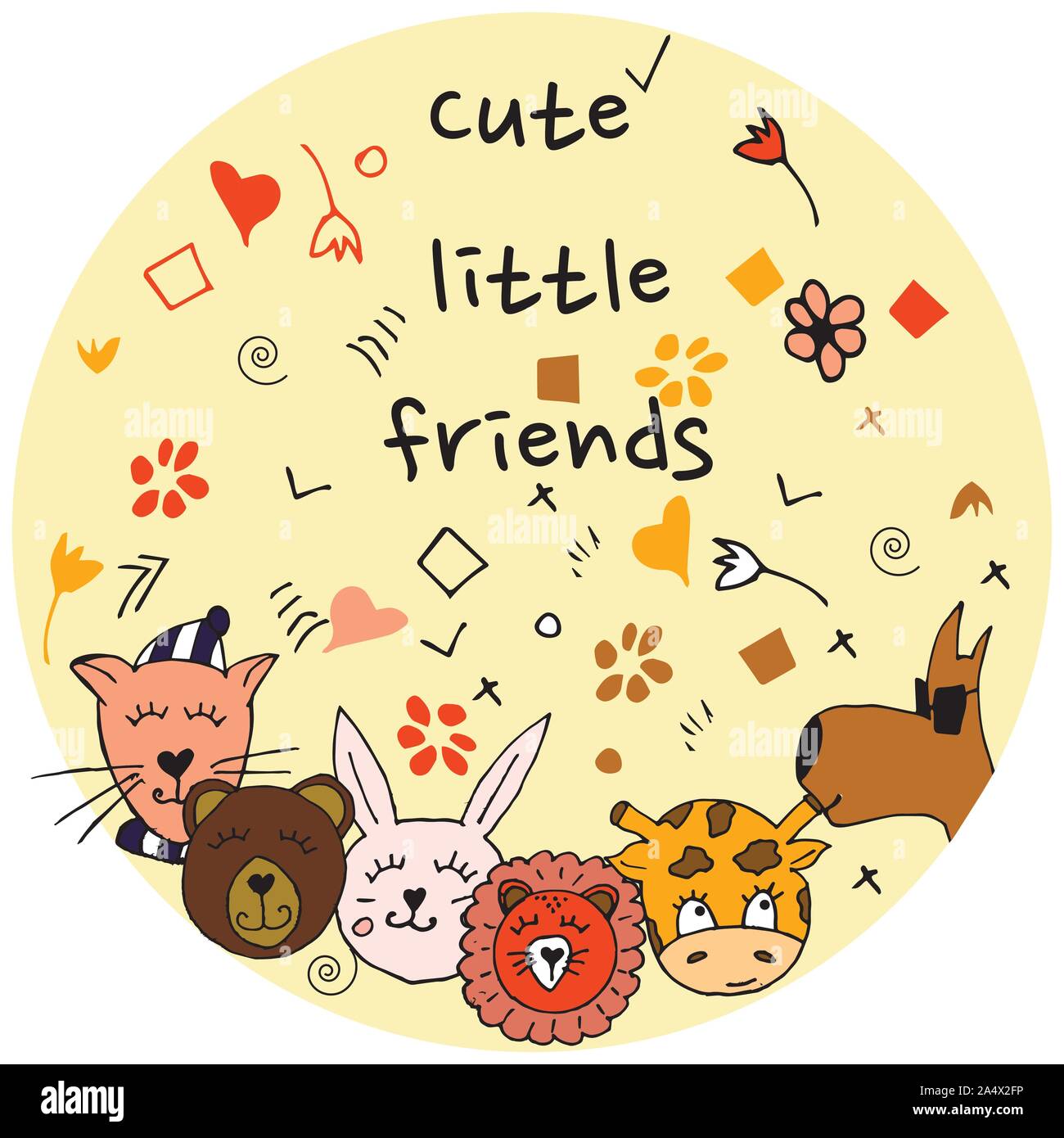 Bunte tierischen Freunde Sammlung einschließlich Hund, Katze, Giraffe, Bär, Löwe, Hase. Cute Hand gezeichnet Doodles. Gut für Poster, Aufkleber, Karten, Alphabet Stock Vektor