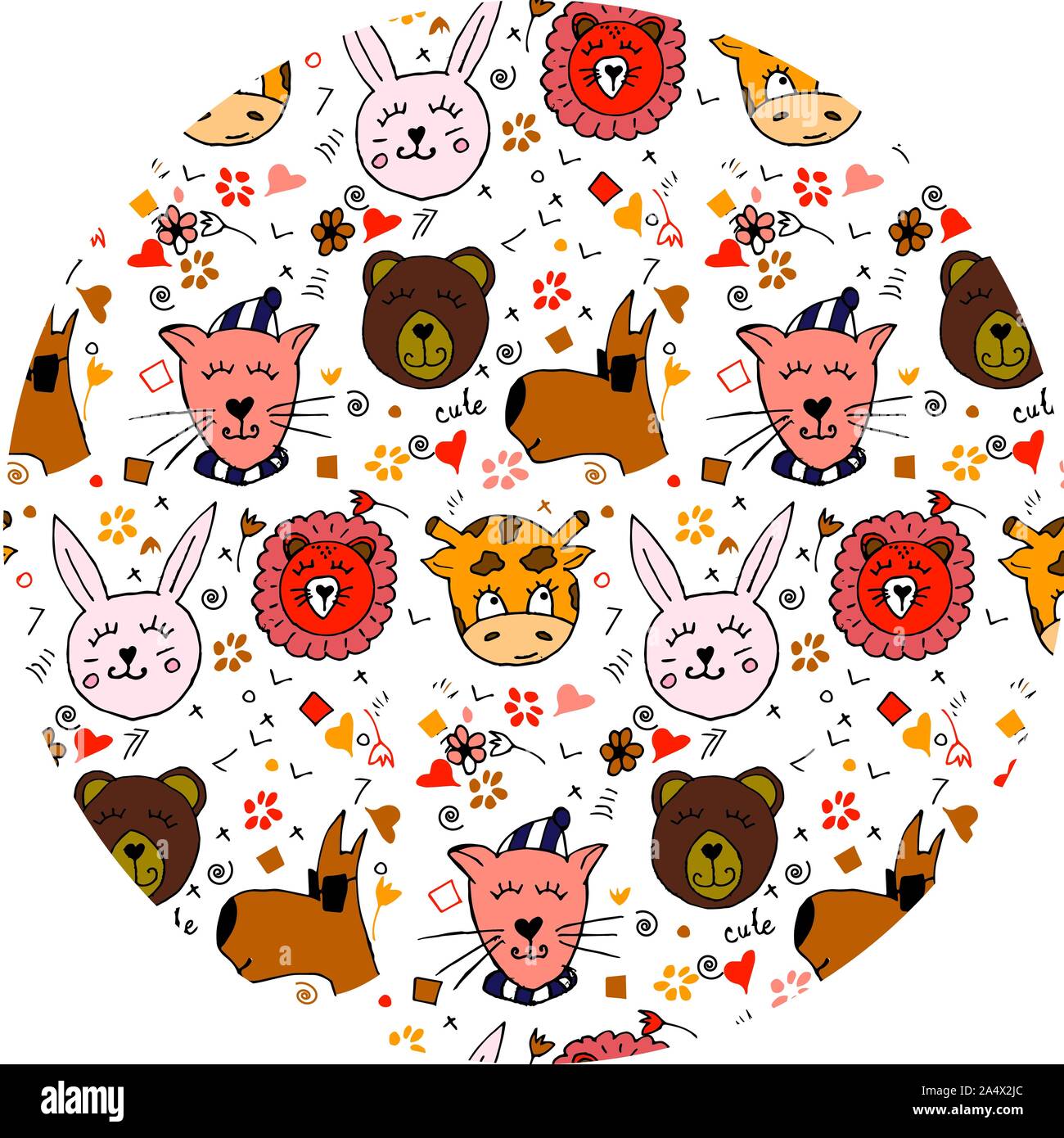 Bunte tierischen Freunde Sammlung einschließlich Hund, Katze, Giraffe, Bär, Löwe, Hase. Cute Hand gezeichnet Doodles. Gut für Poster, Aufkleber, Karten, Alphabet Stock Vektor
