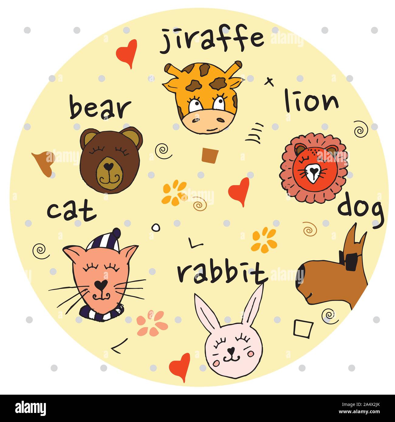 Bunte tierischen Freunde Sammlung einschließlich Hund, Katze, Giraffe, Bär, Löwe, Hase. Cute Hand gezeichnet Doodles. Gut für Poster, Aufkleber, Karten, Alphabet Stock Vektor