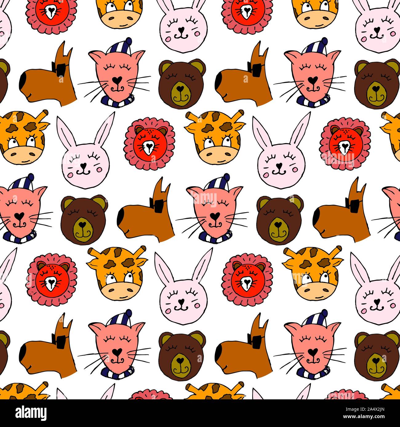 Bunte tierischen Freunde Sammlung einschließlich Hund, Katze, Giraffe, Bär, Löwe, Hase. Cute Hand gezeichnet Doodles. Gut für Poster, Aufkleber, Karten, Alphabet Stock Vektor