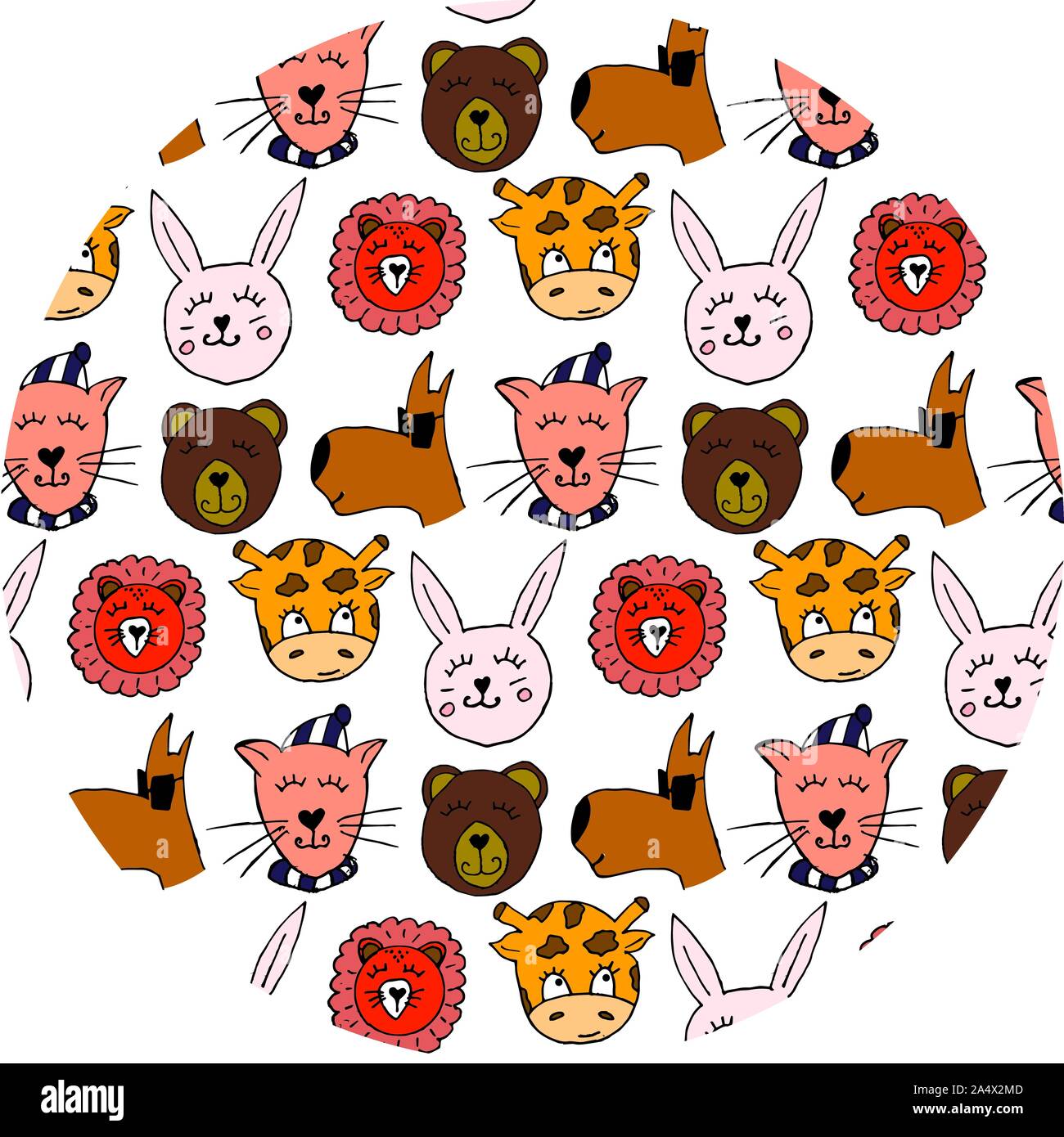 Bunte tierischen Freunde Sammlung einschließlich Hund, Katze, Giraffe, Bär, Löwe, Hase. Cute Hand gezeichnet Doodles. Gut für Poster, Aufkleber, Karten, Alphabet Stock Vektor