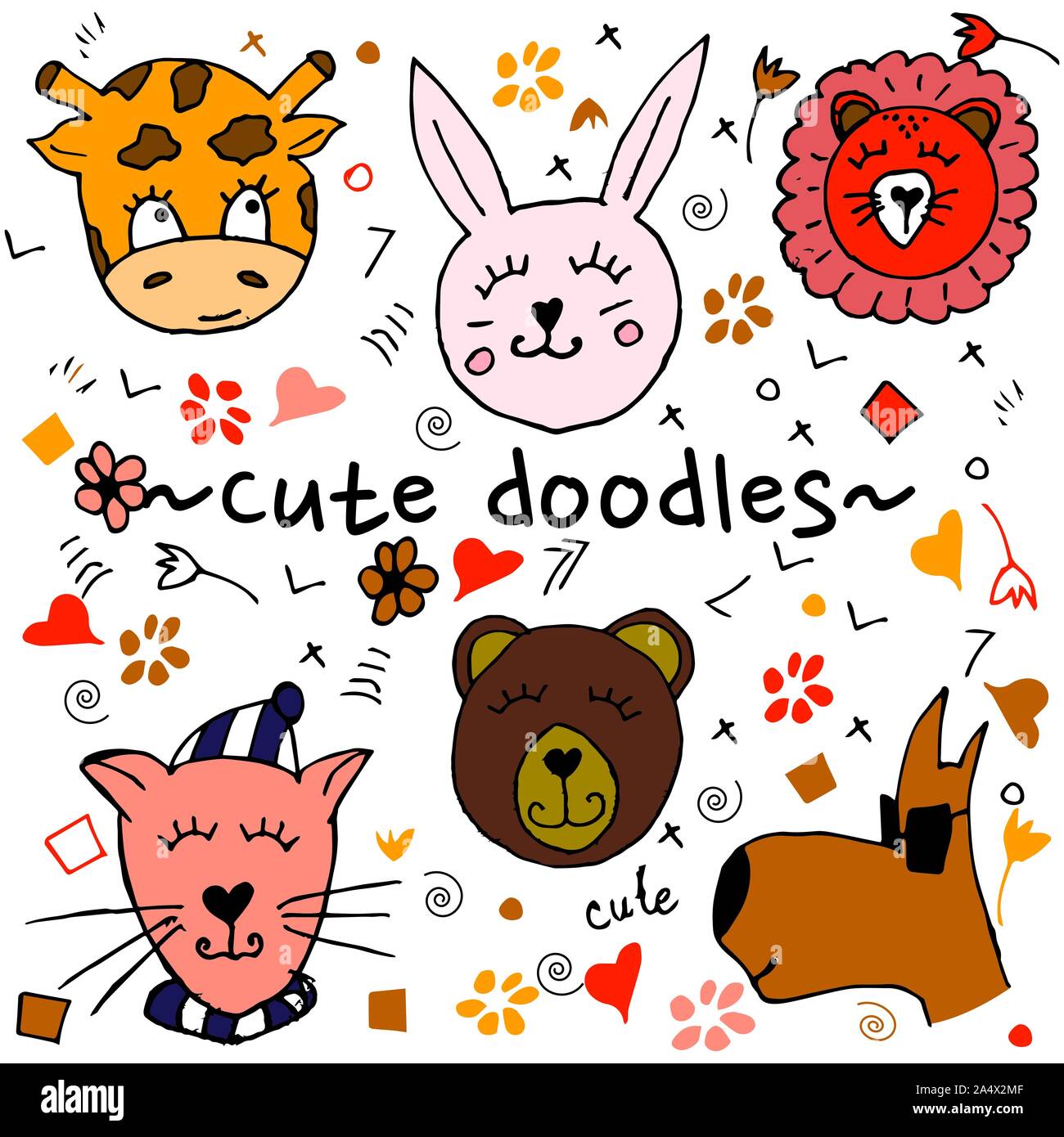Bunte tierischen Freunde Sammlung einschließlich Hund, Katze, Giraffe, Bär, Löwe, Hase. Cute Hand gezeichnet Doodles. Gut für Poster, Aufkleber, Karten, Alphabet Stock Vektor
