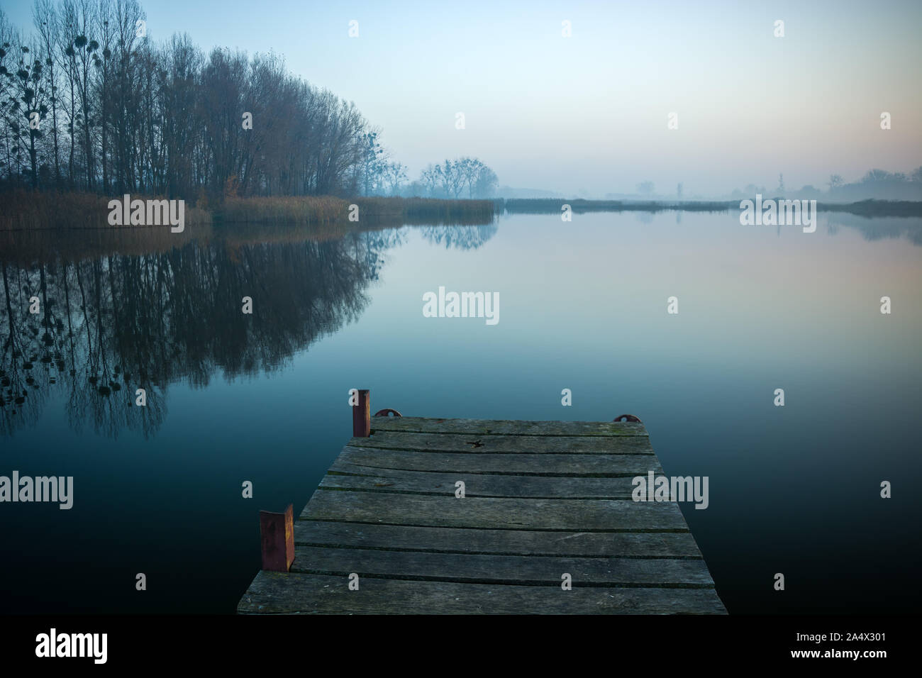 Steg aus Planken, Bäume und Nebel See. Stankow, Polen Stockfoto