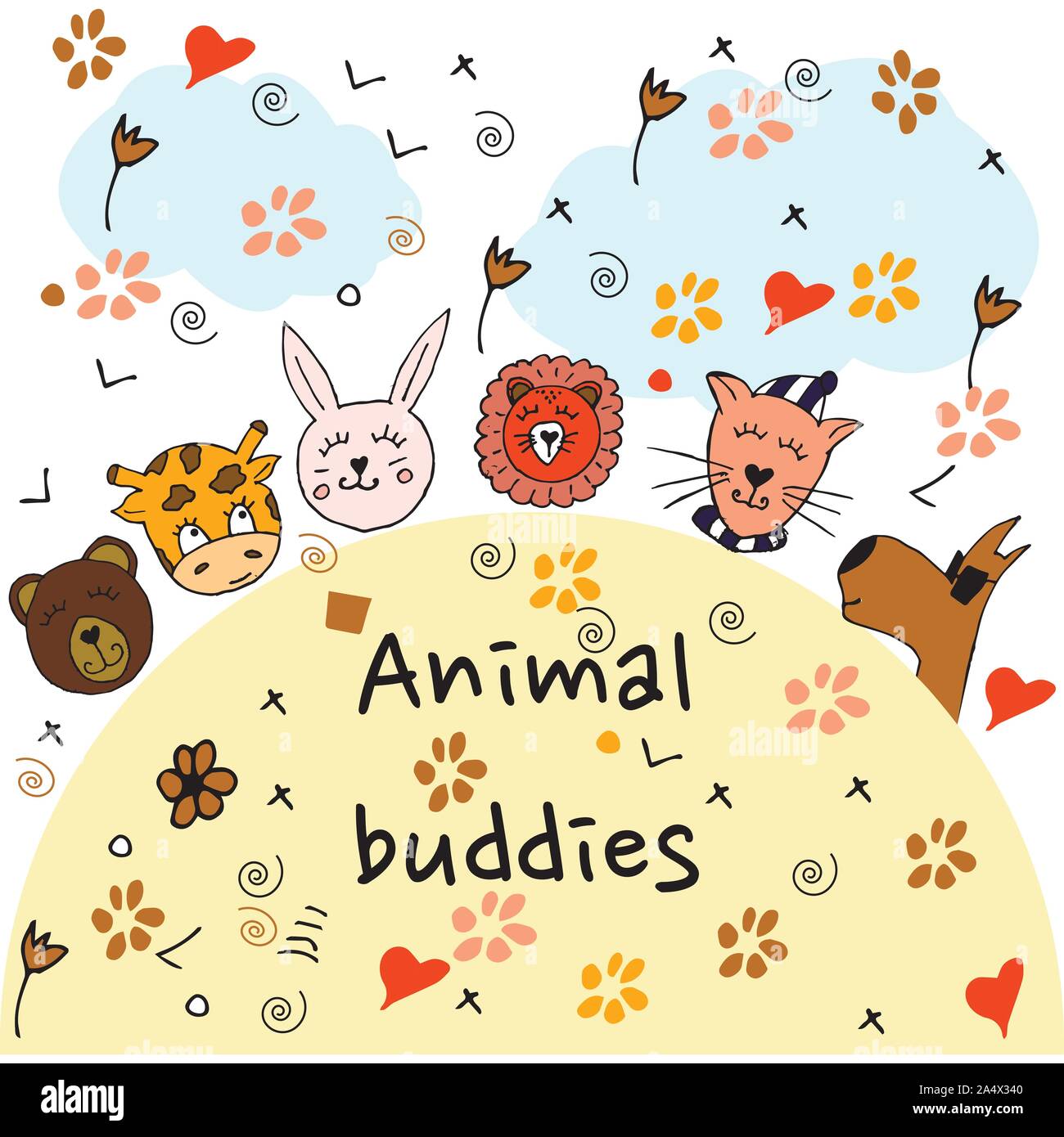 Bunte tierischen Freunde Sammlung einschließlich Hund, Katze, Giraffe, Bär, Löwe, Hase. Cute Hand gezeichnet Doodles. Gut für Poster, Aufkleber, Karten, Alphabet Stock Vektor