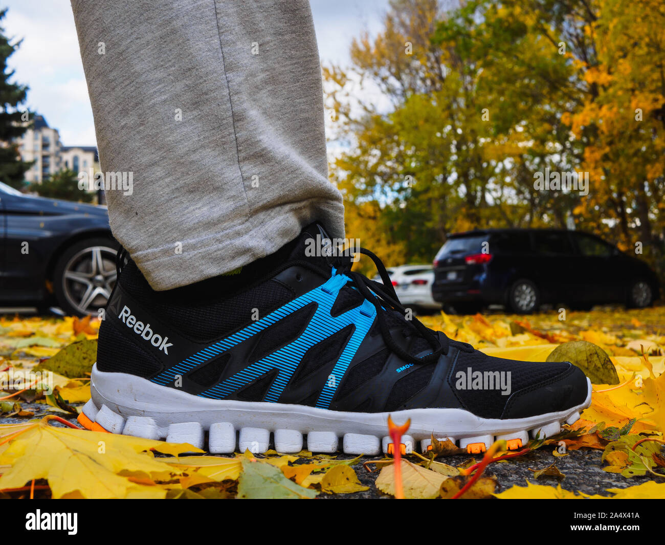 Reebok RealFlex 4 Laufschuhe Stepping um gelbe Blätter auf dem Boden im Herbst. Stockfoto