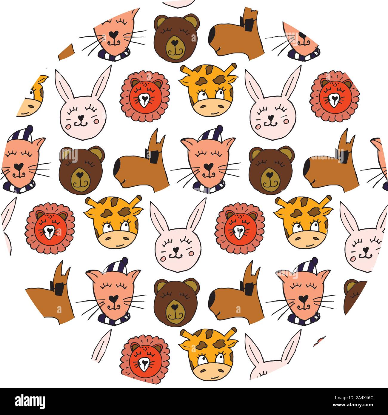 Bunte tierischen Freunde Sammlung einschließlich Hund, Katze, Giraffe, Bär, Löwe, Hase. Cute Hand gezeichnet Doodles. Gut für Poster, Aufkleber, Karten, Alphabet Stock Vektor