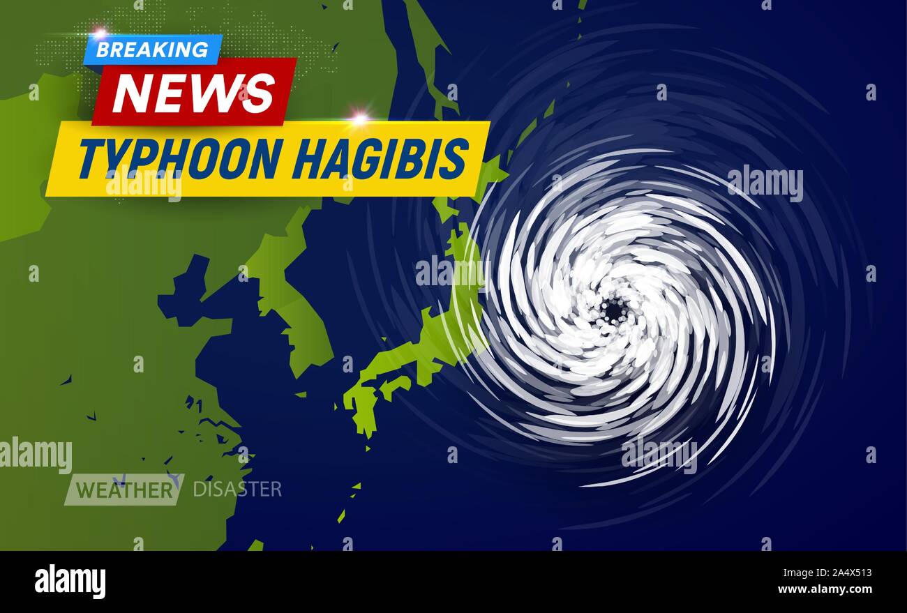 Super typhoon Hagibis, 5 Kategorie. Clouds auf der Karte in der Nähe von Japan Trichter, stärkste Taifun in Japan, breaking news TV Grafik Design für Wetter Stock Vektor
