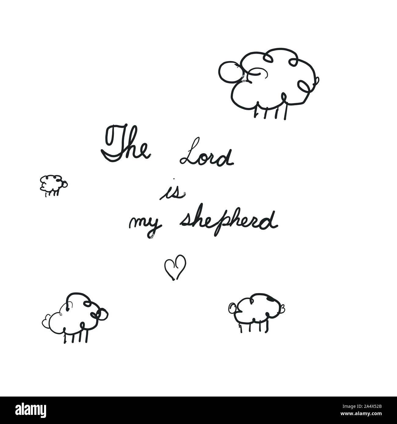 Schafe auf dem Feld. Hand Schriftzug Psalm 23 Der Herr ist mein Hirte. Biblischen Hintergrund. Vector Illustration Stock Vektor