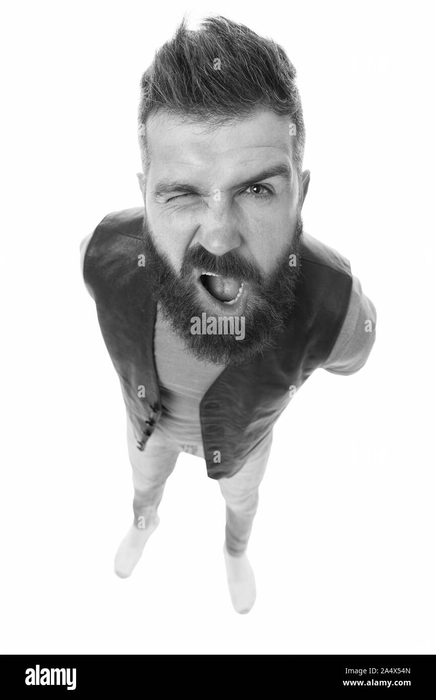 Bart teilt den Jungen aus dem Mann. Brutale kaukasischen Kerl gähnen mit einem Wachstum von einem Bart. Unrasiert Hipster mit dicken Bart Haar. Bärtiger Mann mit Schnurrbart und Bart Form. Stockfoto