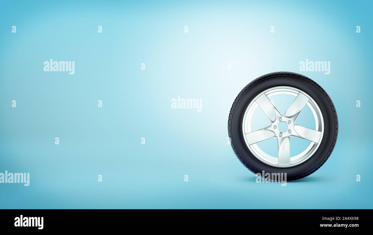 3D-Rendering von Auto Rad mit fünf Speichen auf dem Reifen Felge auf blauem Hintergrund. Stockfoto