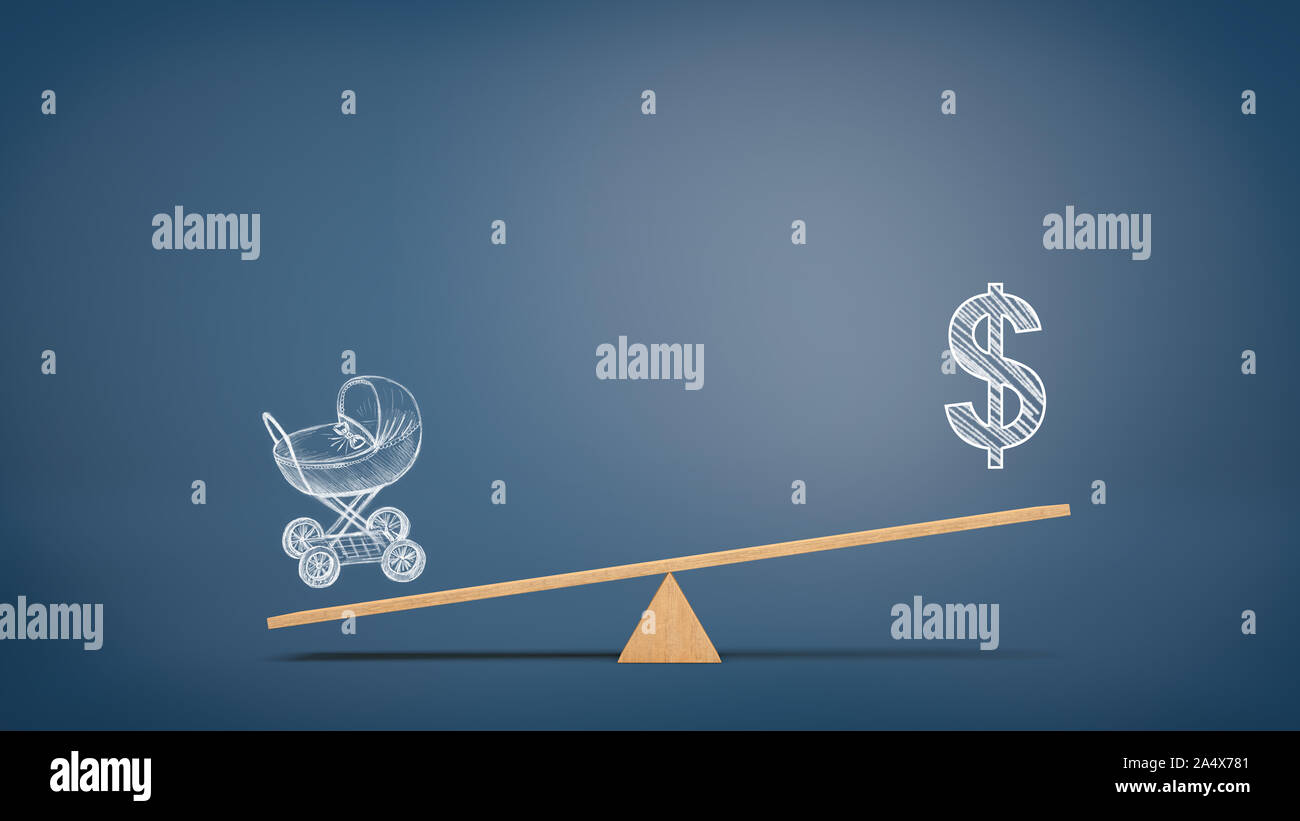 Eine hölzerne Wippe auf blauem Hintergrund mit einem Kreide Bild von einem Kinderwagen overweighing ein Bild von usd unterzeichnen. Stockfoto