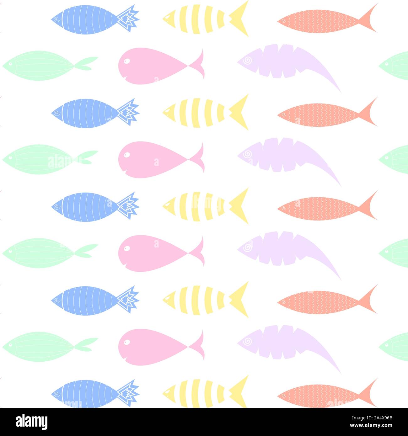 Niedliche fische Symbole Wassertiere mit verschiedenen Flossen, Schuppen, Schwanz und die Kiemen schwimmen im Wasser. Gut für Kinder Buch, Stoff oder Schlafzimmer Stock Vektor