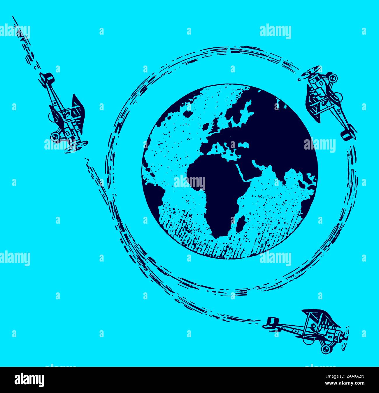 Die drei historischen Doppeldecker Rundflug um die Welt. Abbildung auf einem blauen Hintergrund Nach einer Lithographie aus dem frühen 20. Jahrhundert. Editierbare in La Stock Vektor