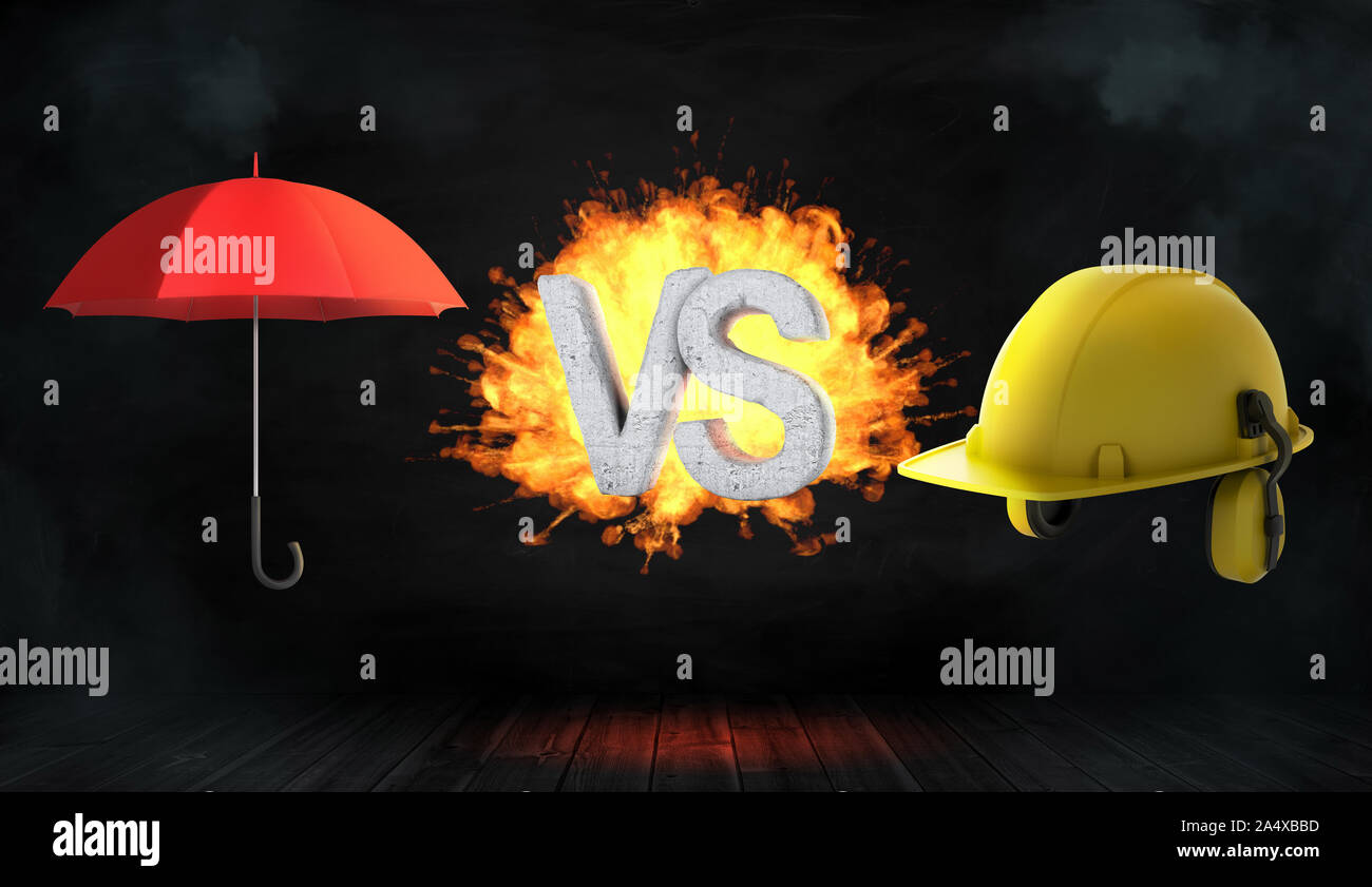 3D-Rendering in großen Buchstaben VS auf Feuer stehen zwischen einem offenen roten Regenschirm und einem großen gelben Bau Helm. Stockfoto