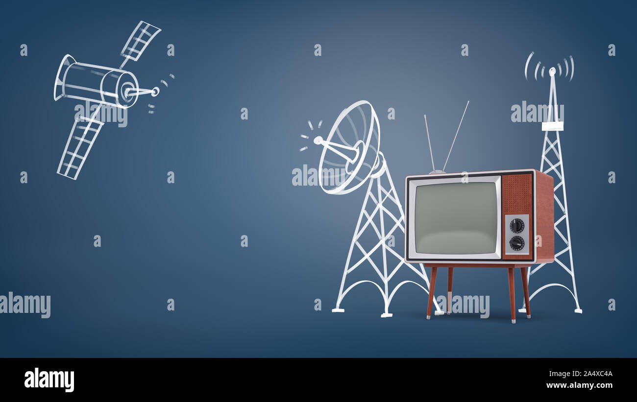 3D-Rendering für eine Kreide gezeichnet space Satelliten und Sat-Türme in der Nähe eines großen retro TV auf die Beine stellen. Stockfoto