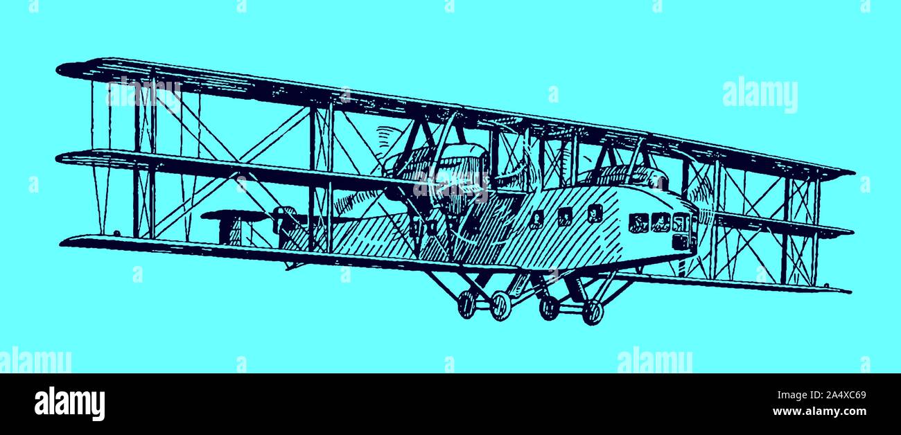 Fliegende historische Propellermaschinen Dreidecker airliner Fahrgäste transportiert. Abbildung auf einem blauen Hintergrund Nach einer Lithographie aus den frühen 20c Stock Vektor