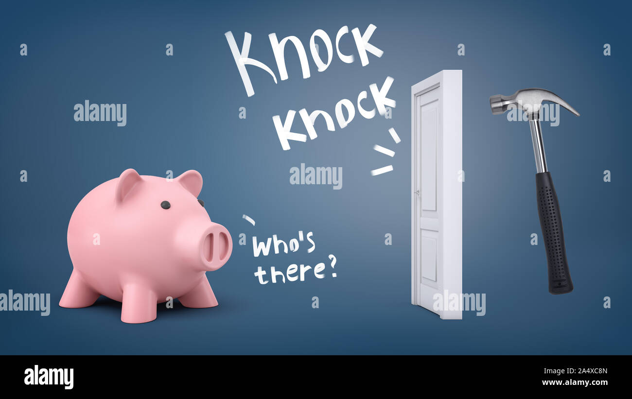 3D-Rendering für eine große Sparschwein steht in der Nähe einer Tür, wenn ein großer Hammer auf ihn mit Worten, die den Sound klopft. Stockfoto
