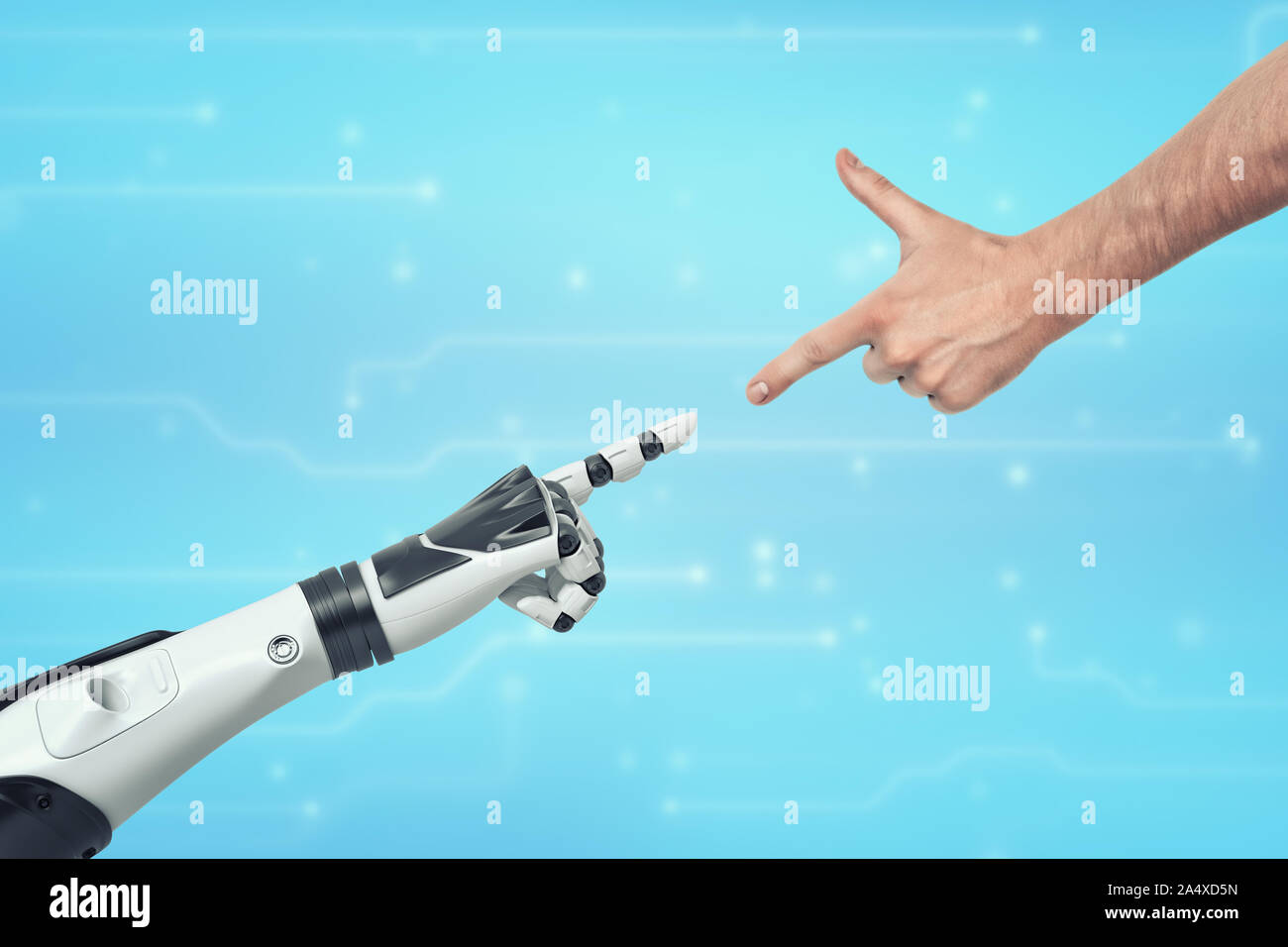 Eine menschliche Hand und eine Roboterhand stretching Zueinander mit Index Finger. Stockfoto