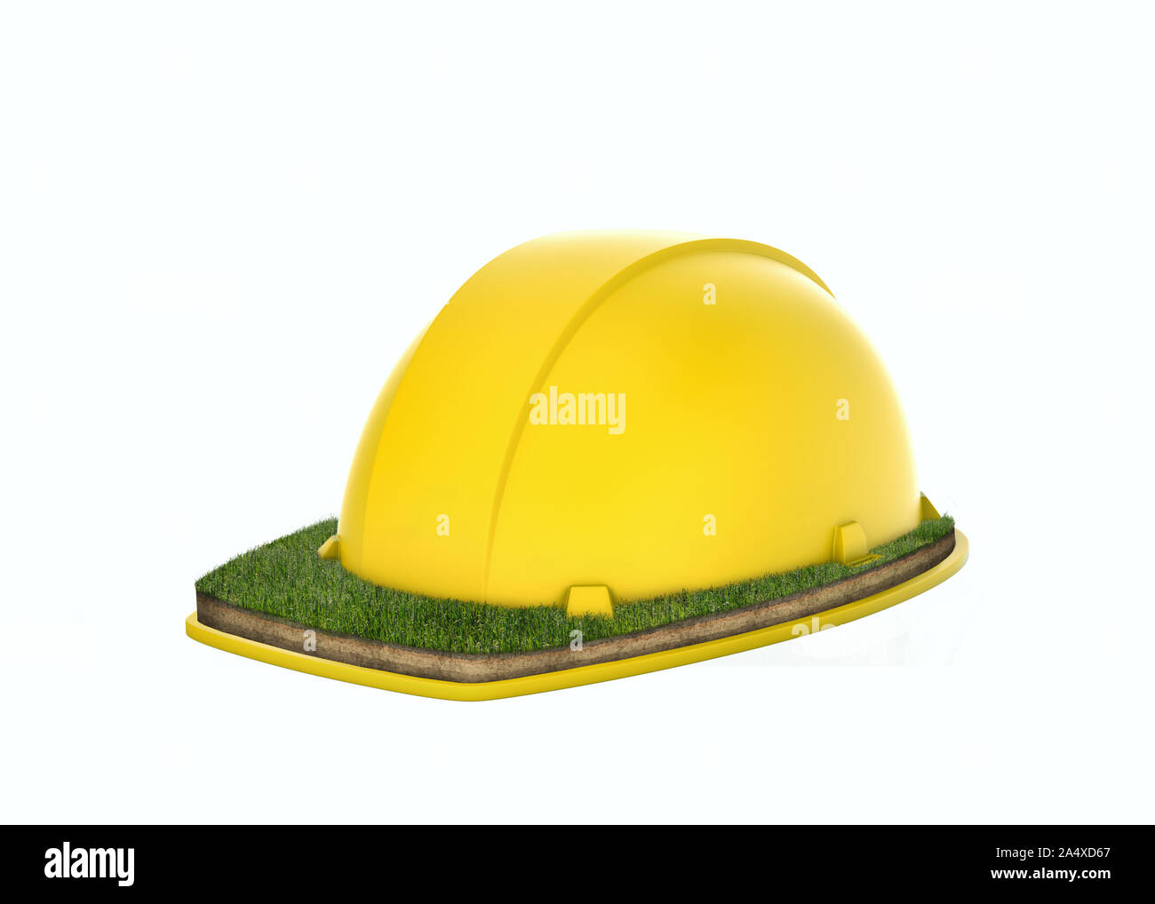 3D-Rendering für eine große gelbe Bau Schutzhelm mit einem Rasen Gras an der oberen Seite der Felge. Stockfoto
