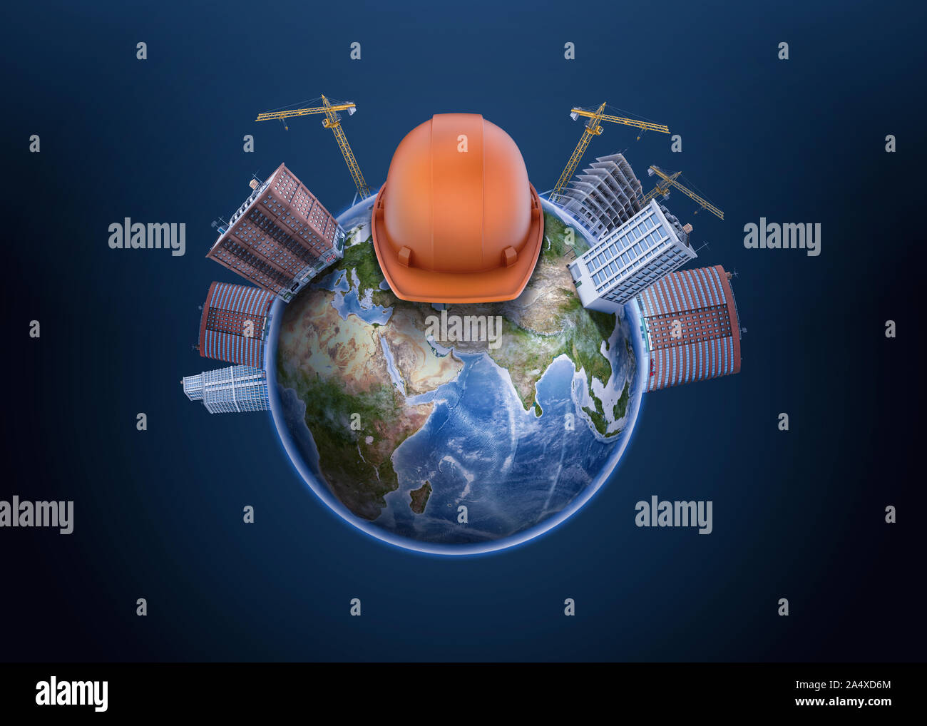 3D-Rendering der Erde Globus mit hohen Apartment Gebäude gebaut mit Kränen und einen harten Hut in der Mitte. Stockfoto