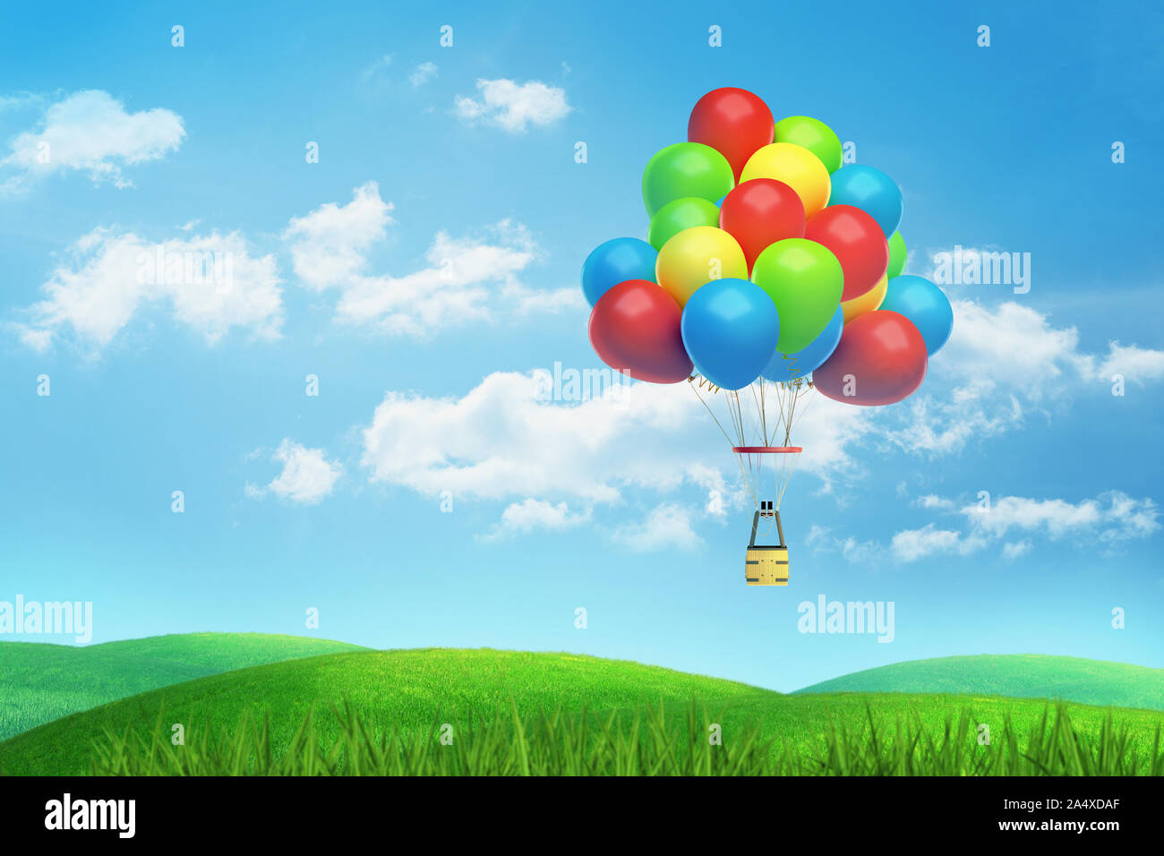 3D-Rendering der vielen bunten Luftballons teilweise mit einem Korb unter Fliegen über eine grüne und sonnige Tal. Stockfoto