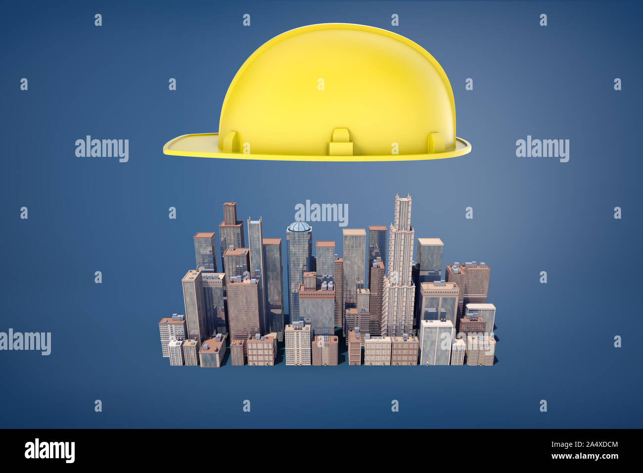 3D-Rendering für eine große gelbe Bau hardhat schwebt über ein Cluster von Small Business Wolkenkratzer. Stockfoto