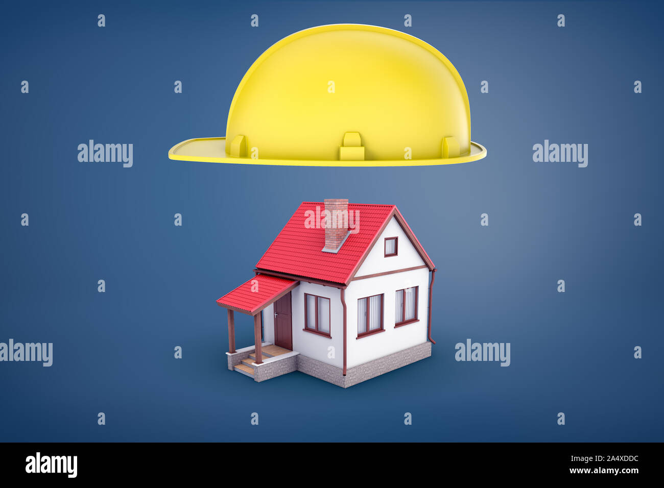 3D-Rendering von grossen gelben Bau hardhat schwebt über ein eigenes kleines Haus mit rotem Dach. Stockfoto
