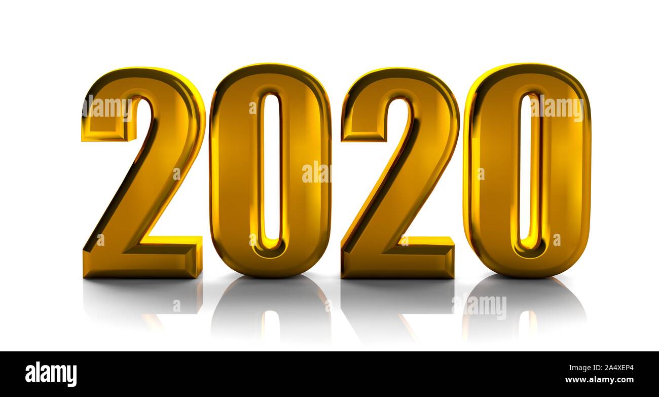 2020 Goldene Fettschrift 3D-Illustration isoliert, hochwertige 3D-Render isoliert auf weißem Stockfoto