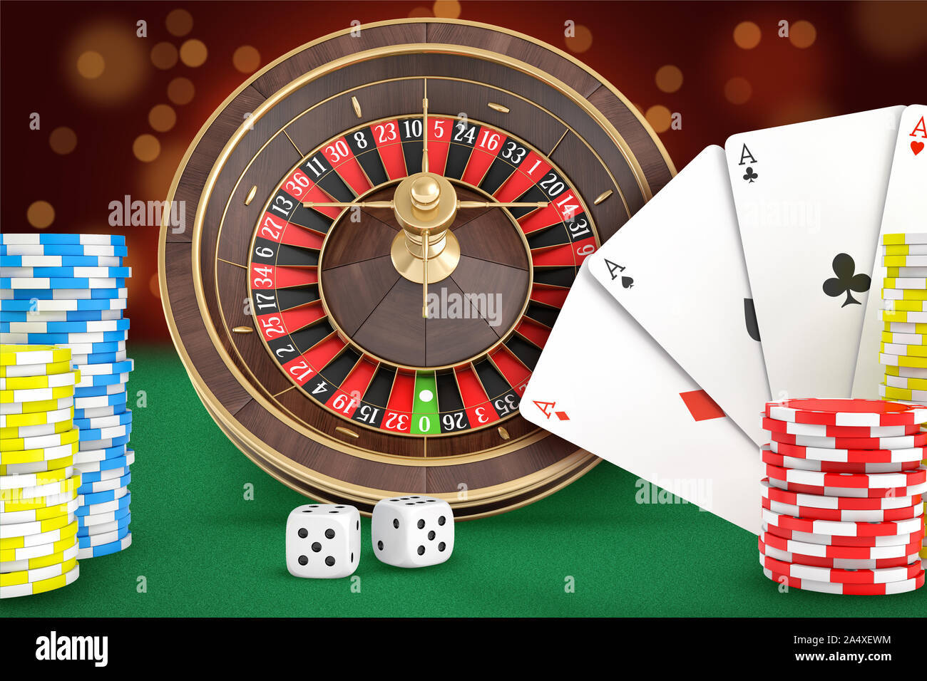 3D-Rendering von casino roulette Steht auf einem grünen Filz Tisch mit Karten, Würfel, Chips Stapeln in der Nähe. Stockfoto