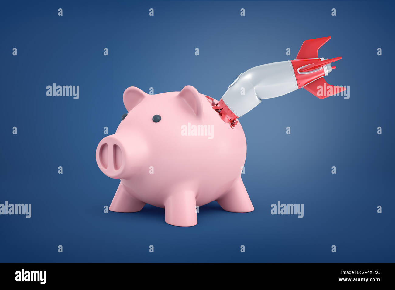 3D-Rendering von Big Pink piggy Bank steht mit einem kleinen retro Rocket gebrochen und innerhalb seiner Seite stecken. Stockfoto