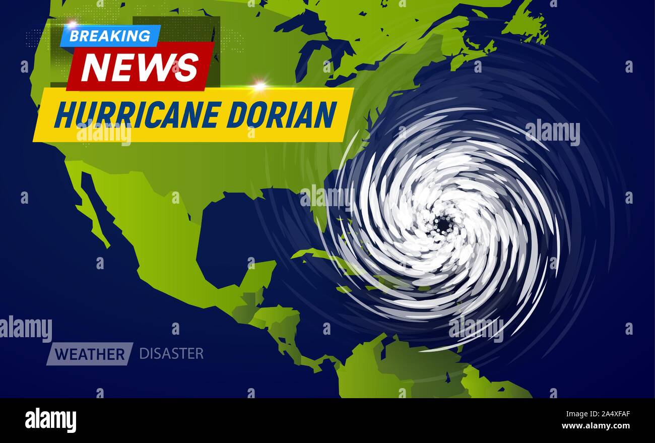 Dorian Hurrikan Wirbelsturm auf USA-Karte, Typhoon Spirale Sturm über Florida, spin Vortex auf schwarzem Hintergrund, Nachrichten TV Flachbild Vector Illustration. Stock Vektor