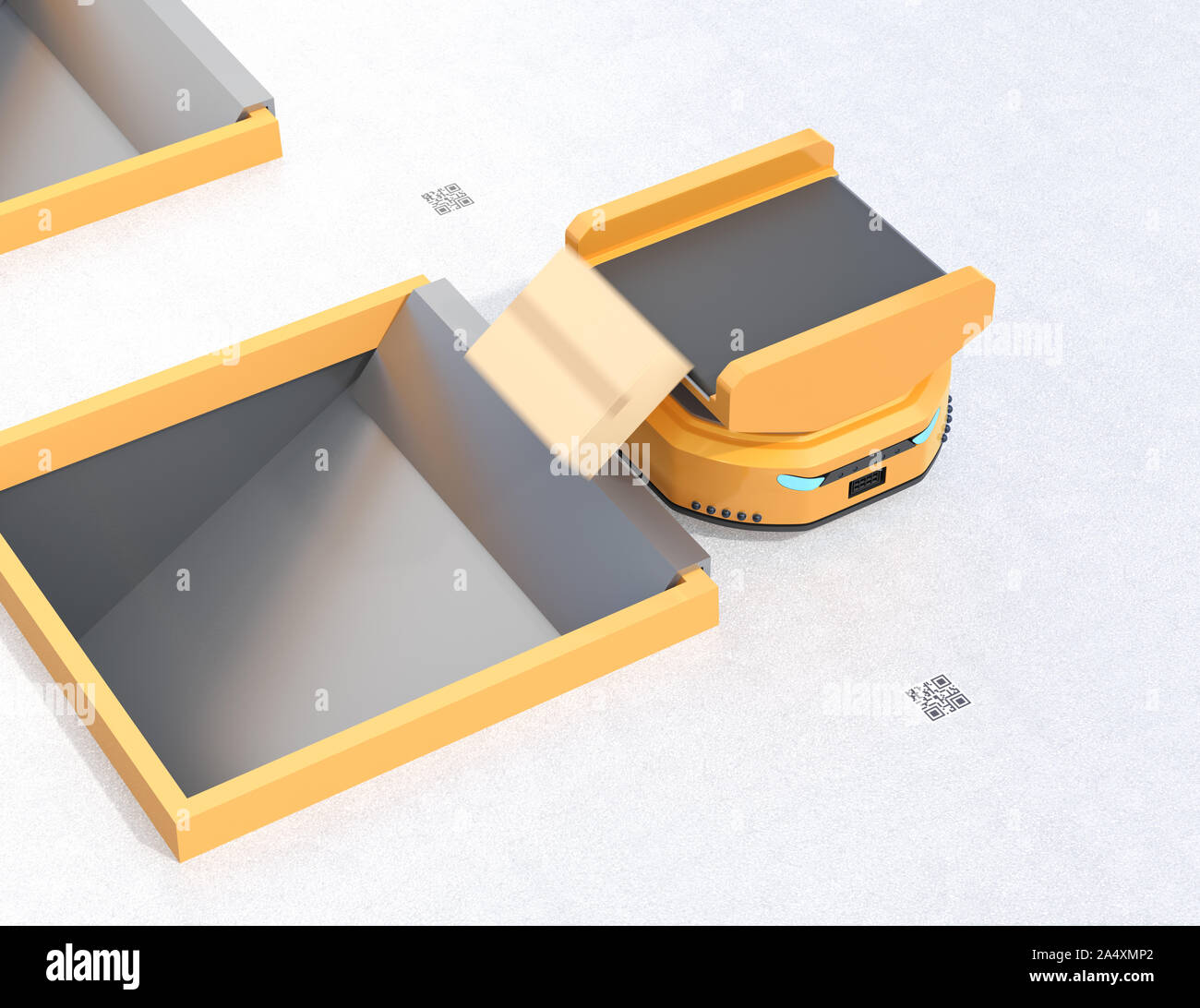 Autonome Mobile Roboter drop Paket Lieferung Tunnel. Lager Automatisierungskonzept. 3D-Bild. Stockfoto