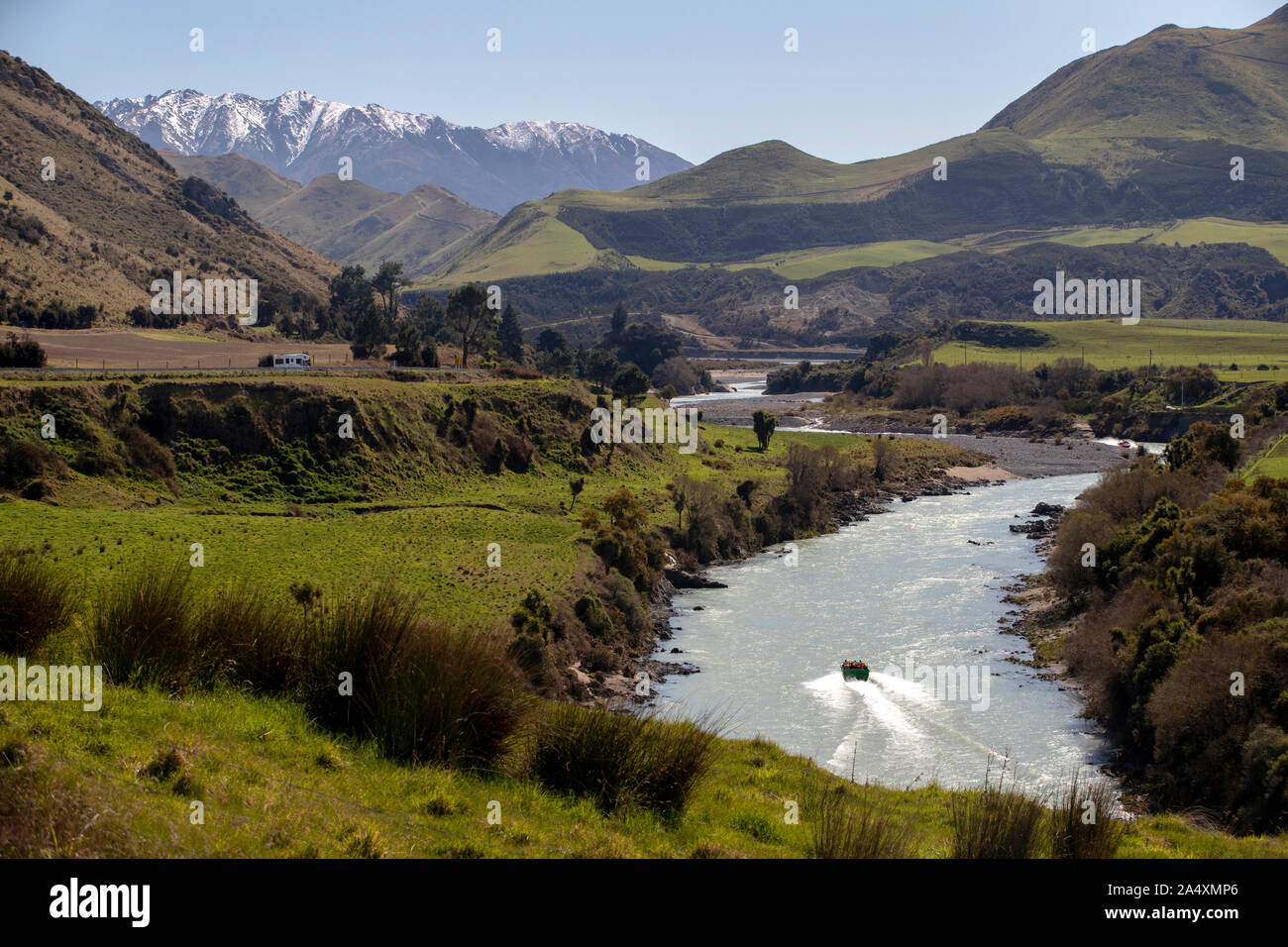 Jet Boot auf Waiau River, Hanmer Springs, Neuseeland Stockfoto