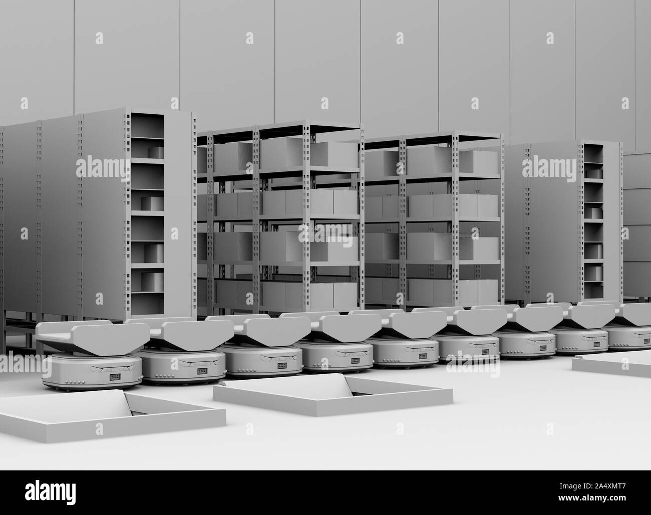 Linie der Autonome mobile Roboter in modernen Lager. 3D-Ton rendering Image. Stockfoto