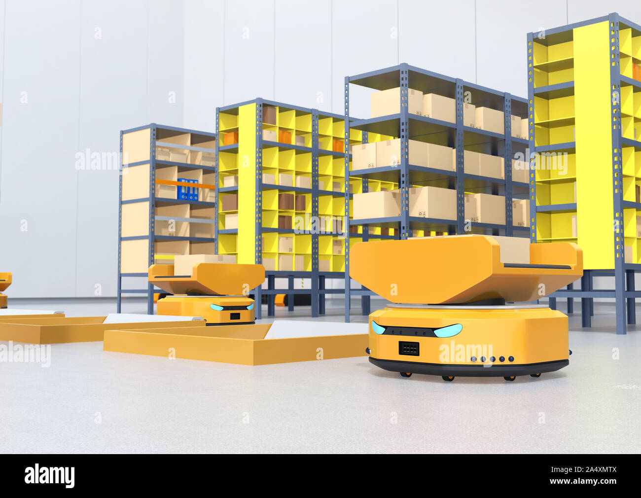 Autonome Mobile Roboter Paket fällt auf Lieferung Tunnel. Lager Automatisierungskonzept. 3D-Bild. Stockfoto