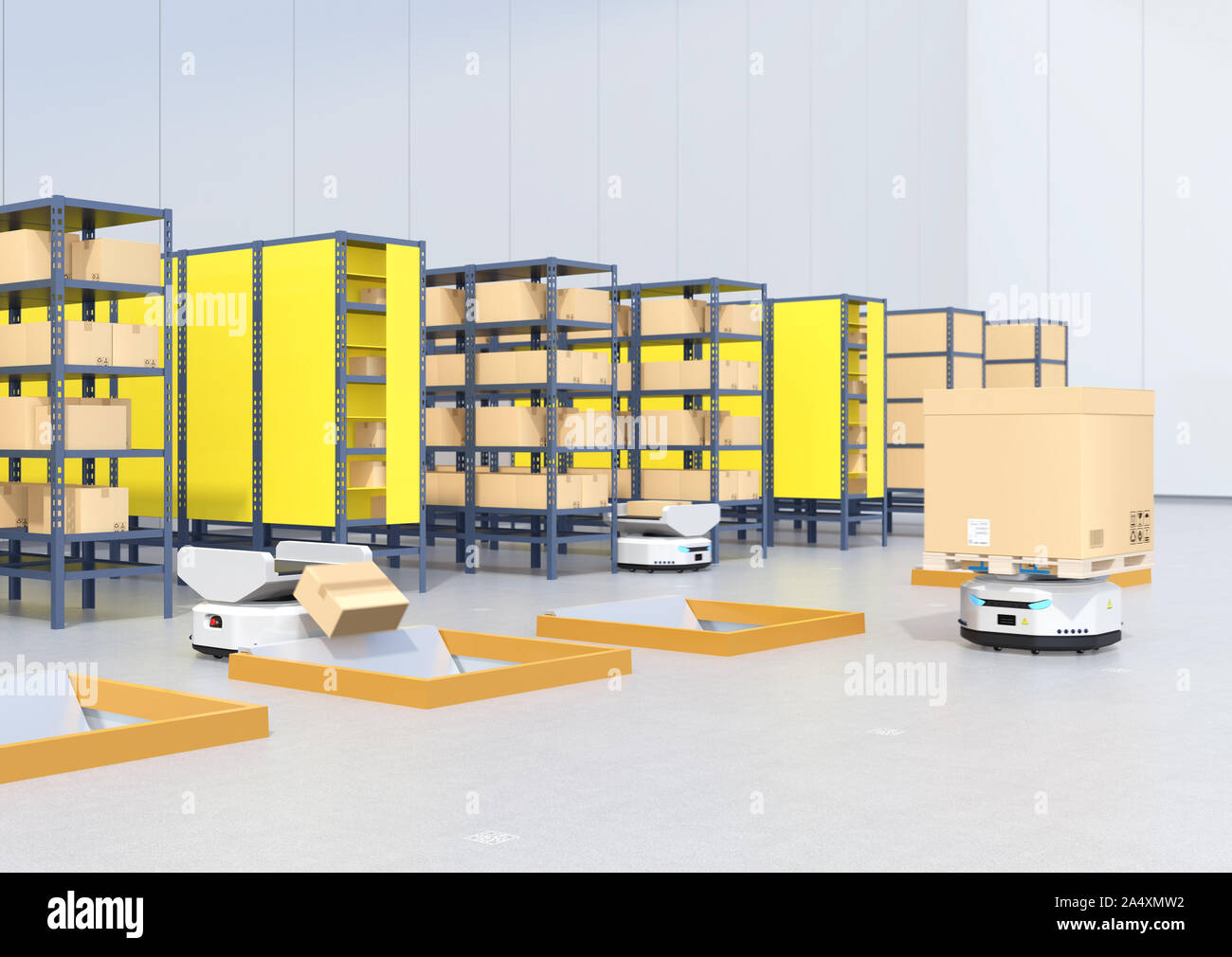 Autonome Mobile Roboter Paket fällt auf Lieferung Tunnel. Lager Automatisierungskonzept. 3D-Bild. Stockfoto