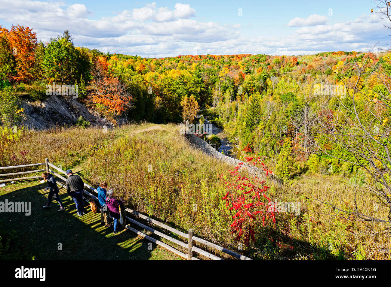 Die Leute, die panoramische Ausblick Blick auf brillante Farben des Herbstes in Rouge nationalen städtischen Park, Toronto, Ontario, Kanada Stockfoto